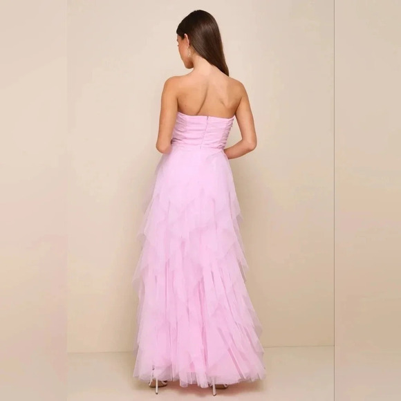 Lulu's Delightful Beauty Pink Mesh Strapless Ruched Ruffled Maxi Dress L Party - Picture 5 of 13